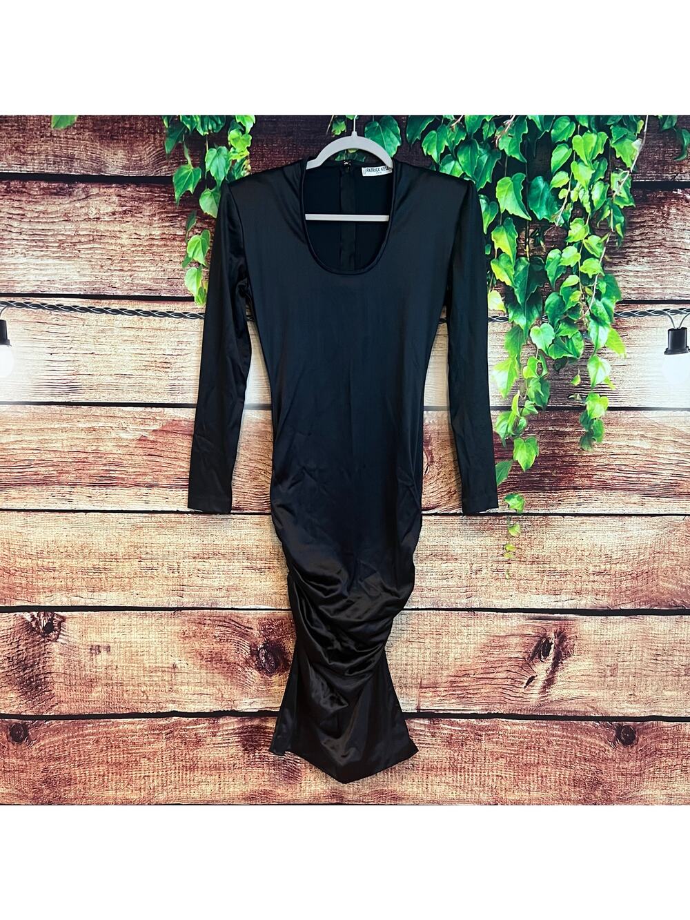 Patrick Kelly Paris Midi Dress Small Ruched Bodycon Black Satin Scoop Neck